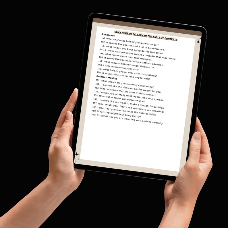 May include: A black tablet displaying a document with text about resilience and decision-making. The text includes questions and prompts. The tablet is held by two hands against a black background.