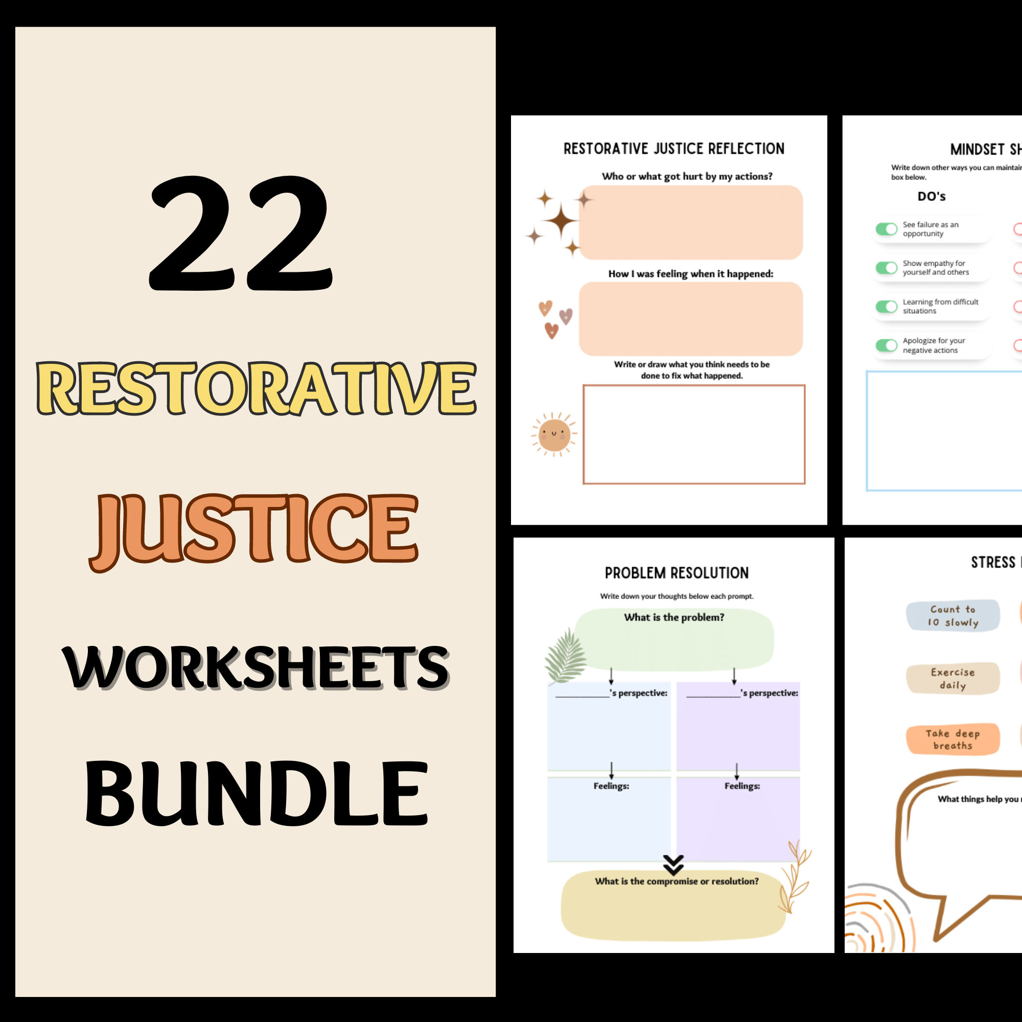 22 Restorative Justice Conflict Resolution Worksheets Bundle,Anti-bullying Therapy Printable- School Counselors Social Workers Psychologists