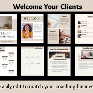 Puede incluir: Un paquete de bienvenida para clientes con fondo beige y detalles marrones. El paquete incluye secciones para una l&iacute;nea de tiempo del programa, un calendario, una lista de verificaci&oacute;n de la sesi&oacute;n de coaching, un video introductorio, acerca de nosotros, conocer al equipo y un mensaje de bienvenida. El texto "Client Welcome Packet" est&aacute; en la parte superior de la p&aacute;gina.