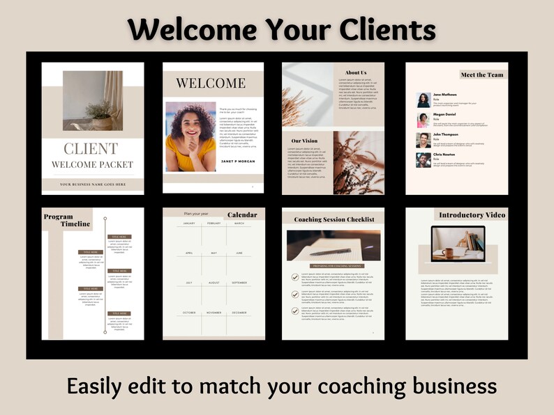 Puede incluir: Un paquete de bienvenida para clientes con fondo beige y detalles marrones. El paquete incluye secciones para una l&iacute;nea de tiempo del programa, un calendario, una lista de verificaci&oacute;n de la sesi&oacute;n de coaching, un video introductorio, acerca de nosotros, conocer al equipo y un mensaje de bienvenida. El texto "Client Welcome Packet" est&aacute; en la parte superior de la p&aacute;gina.