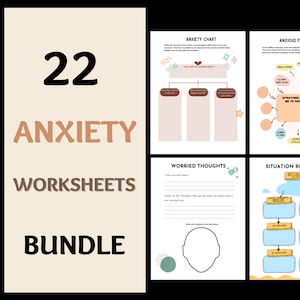 Lot de 22 feuilles d'exercices sur l'anxiété, imprimables pour thérapeutes pour le soulagement de l'anxiété, thérapeutes, cahier d'exercices sur l'anxiété TCC pour enfants, adolescents ou adultes
