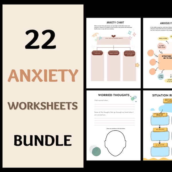 22 Anxiety Worksheets Bundle, Anxiety Relief Counselor Therapy Printables, Therapists CBT Anxiety Workbook Journal for Kids Teens or Adults