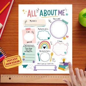 Peut inclure: Une feuille de travail colorée "All About Me" avec des sections à remplir pour les détails personnels, les choses préférées et les aspirations futures. Comprend un arc-en-ciel, une fourchette, une cuillère et le texte "Instant Download".