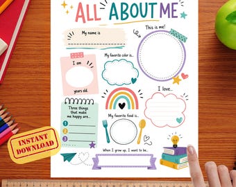 May include: A colorful "All About Me" printable worksheet with fill-in-the-blank sections for personal details, favorite things, and future aspirations. Includes a rainbow, a fork, a spoon, and the text "Instant Download".