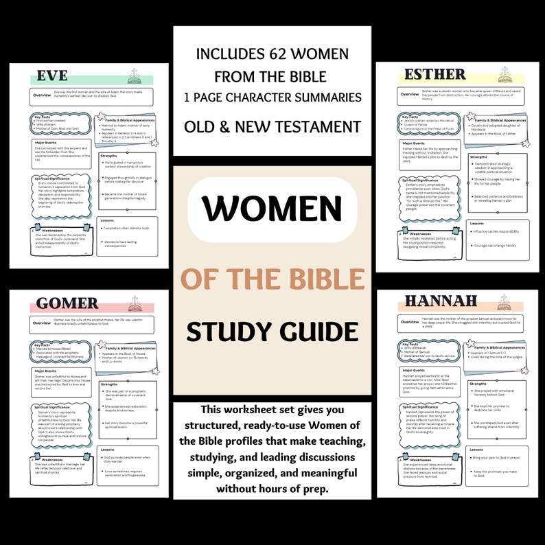 Women of the Bible Character Study Guide Worksheets Printable, Key ...