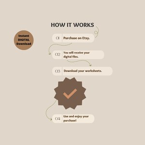 May include: A beige graphic detailing the process of an instant digital download. The steps, from purchasing on Etsy to enjoying the purchase, are outlined with accompanying text and a brown checkmark icon.