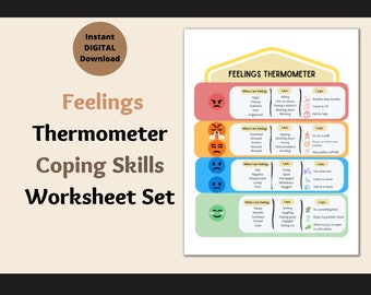 Feelings Thermometer Coping Skills, Kids Teens Therapy Worksheets,Mental Health Childrens Poster, Counselor Therapist Office Printable Tools