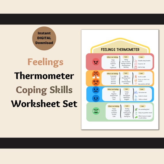 Feelings Thermometer Coping Skills, Kids Teens Therapy Worksheets,Mental Health Childrens Poster, Counselor Therapist Office Printable Tools