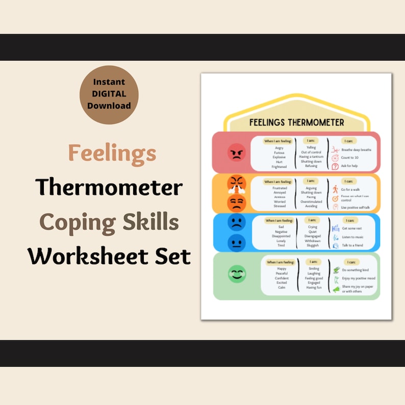 May include: A colorful feelings thermometer chart with coping skills for different emotions. The chart features a thermometer with four levels: angry, frustrated, sad, and happy. Each level has a corresponding emoji and a list of coping skills.