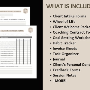 Puede incluir: Una lista de recursos de coaching para que los entrenadores los usen con sus clientes. La lista incluye formularios de admisi&oacute;n de clientes, una rueda de la vida, un paquete de bienvenida para clientes, formularios de contrato de coaching, hojas de trabajo de establecimiento de objetivos, un rastreador de h&aacute;bitos, hojas de facturaci&oacute;n, un organizador de tareas, un diario, un contrato personal del cliente, formularios de comentarios, notas de sesi&oacute;n y m&aacute;s.