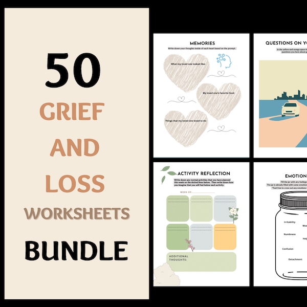 50 Grief and Loss Worksheets Bundle, Grief Gift Printable, Grief Journal Worksheets, Grief Counseling Workbook, Grief Therapy Worksheets