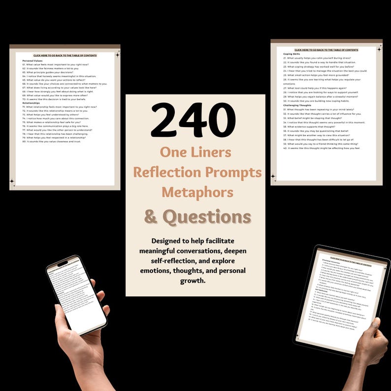 May include: A beige graphic with the text "240 One Liners Reflection Prompts Metaphors & Questions" is displayed. The graphic is designed to help facilitate meaningful conversations, self-reflection, and explore emotions, thoughts, and personal growth.