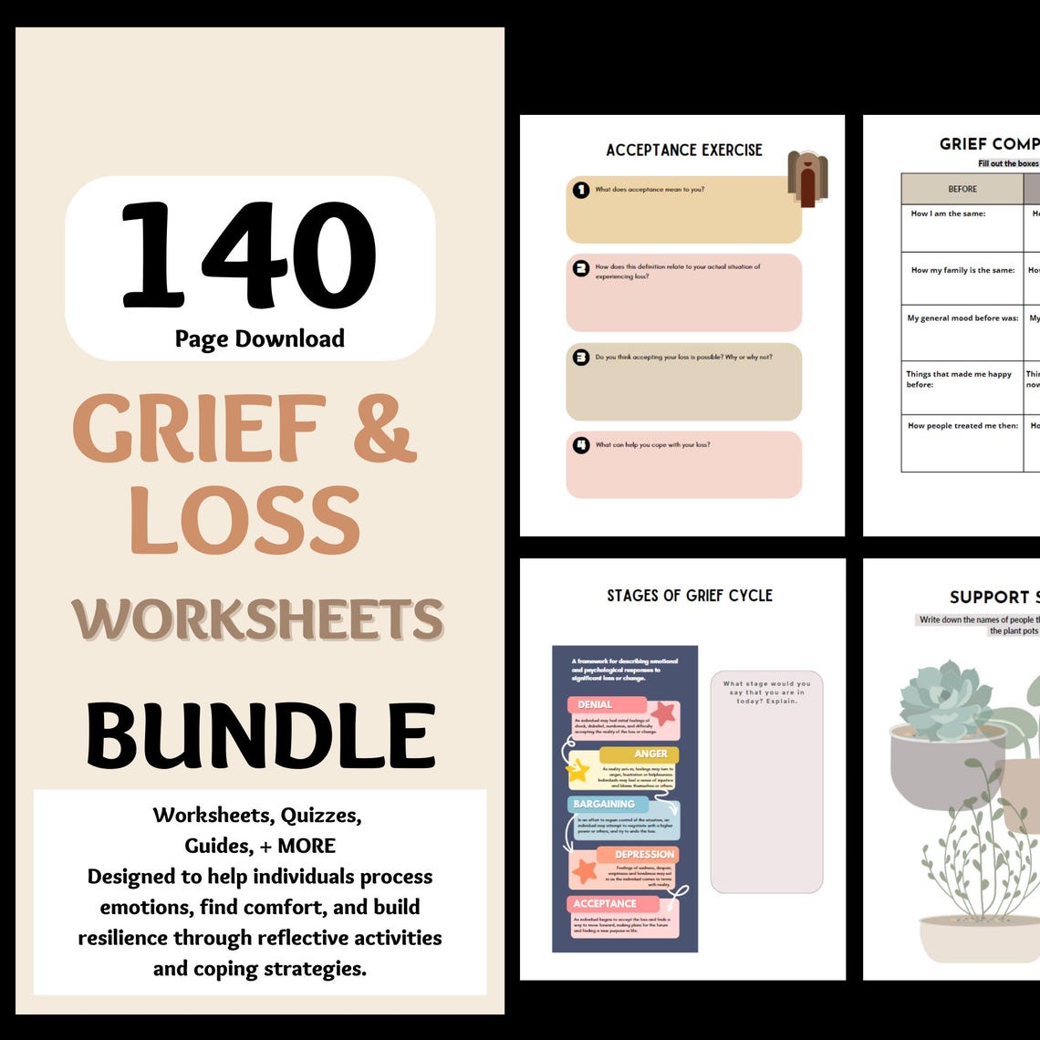 140 Grief and Loss Worksheets Handouts Bundle, Grief Printable Pdf ...
