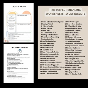 May include: A collection of worksheets with titles like "React or Reflect?" and "My Listening Strengths." The main title reads "The Perfect Engaging Worksheets to Get Results." The worksheets cover topics such as emotional intelligence, feelings, and coping strategies.