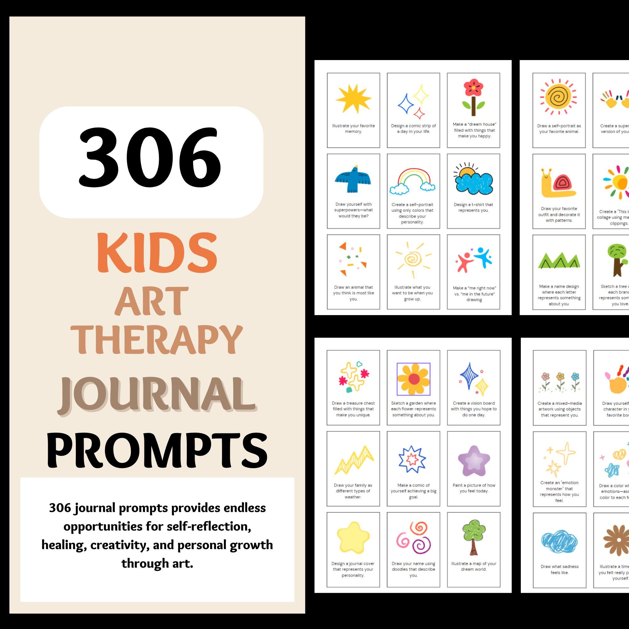 Kids Art Therapy Journal Prompt Cards Therapy Tools Mental Health Resources Creative Arts ...