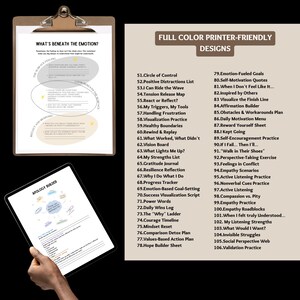 May include: A clipboard with a worksheet titled "What's Beneath the Emotion?" and a tablet displaying an "Apology Builder" diagram. The image also shows a list of "Full Color Printer-Friendly Designs" with various self-help topics.