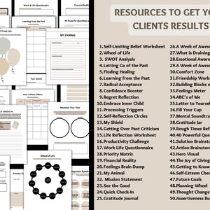 May include: A collage of printable worksheets and resources for clients. The resources include worksheets for self-reflection, goal setting, and building confidence. The text "RESOURCES TO GET YOUR CLIENTS RESULTS" is at the top of the image.