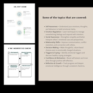May include: A white paper with the text "ASK, DON'T ASSUME" and "A TIME I MISUNDERSTOOD SOMEONE". The paper includes prompts for self-reflection. A second paper lists topics covered: Self-Awareness, Emotion Regulation, Social Awareness, Relationship Skills, Decision-Making, Triggers & Coping, Confidence & Motivation, and Reflection & Growth.