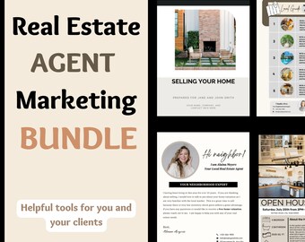 May include: A marketing bundle for real estate agents, featuring a variety of templates and resources. The bundle includes a "Selling Your Home" template, a "Hi Neighbour!" postcard, a "Local Guide" flyer, and an "Open House" flyer.