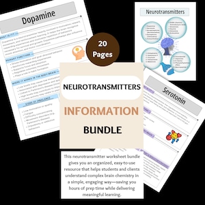 Op de afbeelding: Een Neurotransmitters Informatie Bundel met 20 pagina's. De bundel bevat werkbladen over Dopamine, Serotonine en andere neurotransmitters. De tekst op de bundel zegt dat het studenten helpt de hersenchemie te begrijpen.