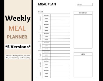 May include: A black and white printable weekly meal planner with sections for Monday through Sunday, including breakfast, lunch, and dinner. There are also sections for a grocery list and notes.