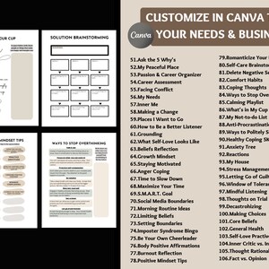 May include: A printable worksheet with a list of self-care and mental health tips. The worksheet is divided into sections with titles like "Fill Your Cup", "Solution Brainstorming", "Positive Mindset Tips", and "Ways to Stop Overthinking". Each section contains a list of numbered tips, such as "Ask the 5 Why's", "My Peaceful Place", "Practice Gratitude", and "Time to Slow Down".