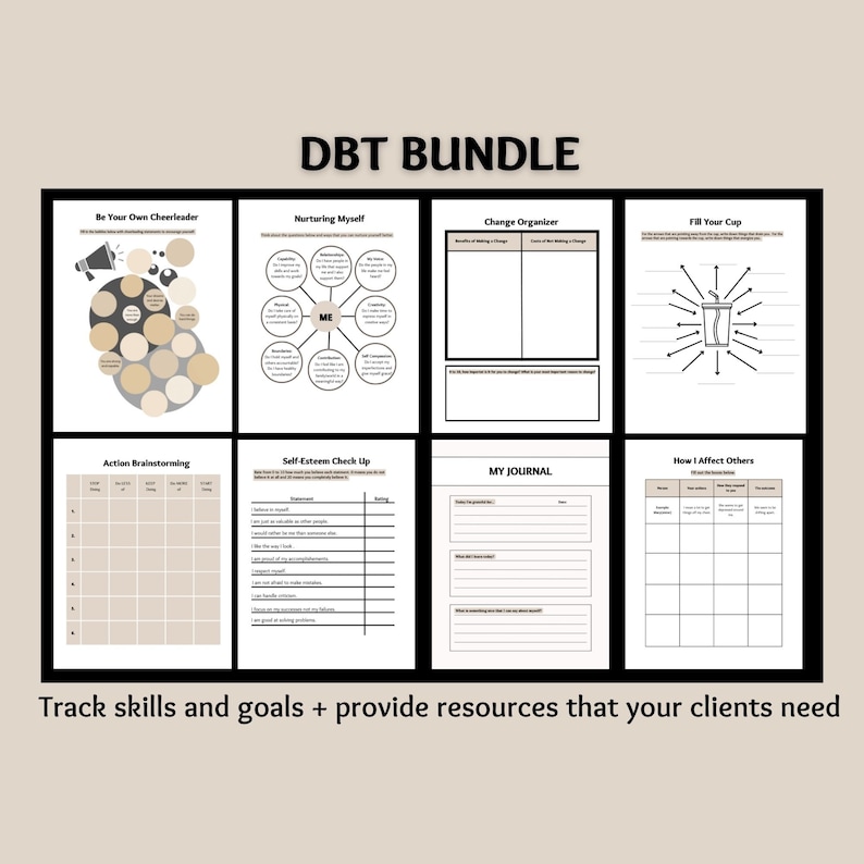DBT-arbetsbladspaket, terapiarbetsblad, DBT-färdigheter, DBT-arbetsbok, terapiverktyg, utskrivbart handout för psykisk hälsa, terapeutresurser bild 4