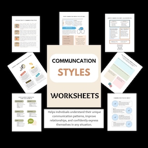 Può includere: Un insieme di fogli di lavoro intitolati "Communication Styles Worksheets" con diagrammi e testo. I fogli di lavoro trattano argomenti come la comunicazione assertiva e passiva e la comunicazione in conflitto. Il testo spiega come comprendere i modelli di comunicazione.