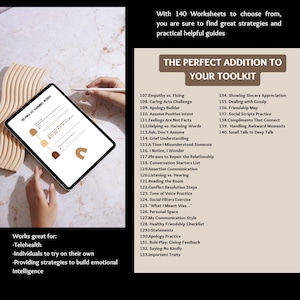 May include: A digital tablet displays a worksheet titled "Helping vs. Harming Words." The image includes text: "THE PERFECT ADDITION TO YOUR TOOLKIT" and a list of topics. The tablet is held by a person. The image also includes the text "Works great for: -Telehealth -Individuals to try on their own -Providing strategies to build emotional intelligence."