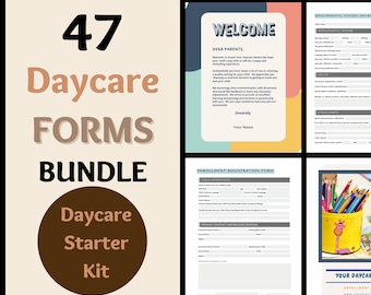 May include: A set of 47 daycare forms in a bundle. The forms include a welcome letter, enrollment registration form, and developmental history and eating habits forms. The bundle also includes a daycare starter kit with a colorful illustration of a pencil holder with pencils.