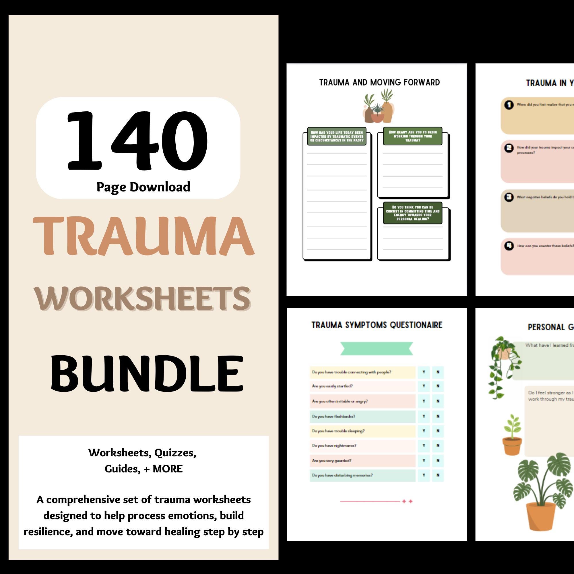 Trauma Therapy Worksheets Bundle Trauma Healing Workbook Nervous System ...