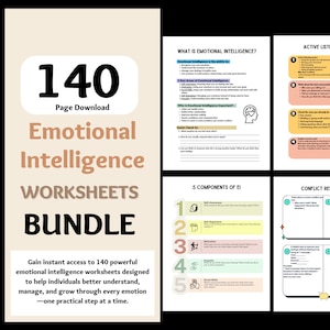 Può includere: Un pacchetto scaricabile di 140 fogli di lavoro sull'intelligenza emotiva. La copertina presenta il titolo "Emotional Intelligence Worksheets Bundle" in grassetto, con il numero "140" ben visibile. Pagine aggiuntive dettagliano componenti e aree chiave.