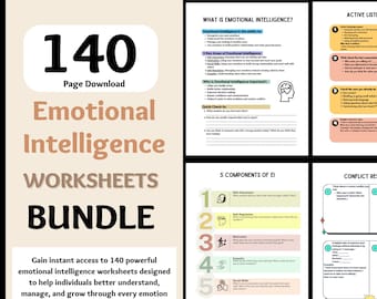 May include: A digital download bundle of 140 emotional intelligence worksheets. The cover features the title "Emotional Intelligence Worksheets Bundle" in a bold font, with the number "140" prominently displayed. Additional pages detail components and key areas.