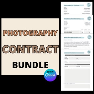 May include: A beige and brown graphic with the text "PHOTOGRAPHY CONTRACT BUNDLE" in black text. The graphic is surrounded by four different forms: a photography invoice, a photography proposal, a photography contract, and a client intake form. The forms are all in a light blue and gray color scheme and have the text "Your Logo" in the top right corner.