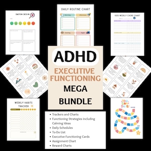 Puede incluir: Un Mega Bundle de Funciones Ejecutivas para TDAH con rastreadores, gráficos y estrategias de calma. Incluye horarios diarios, listas de tareas y tablas de recompensas. La imagen presenta una variedad de páginas imprimibles con diseños coloridos.
