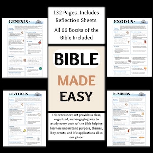 May include: A set of Bible study worksheets with the title "BIBLE MADE EASY." The worksheets include information on Genesis, Exodus, Leviticus, and Numbers. The text states the set includes 132 pages and reflection sheets, covering all 66 books of the Bible.