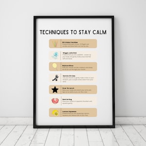 Techniques to Stay Calm Therapy Poster Wall Print, Therapist Office Decor, School Counselor Psychologist Printable Digital Download Wall Art