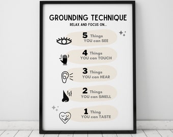 Grounding Technique Wall Art Print, Mental Health Anxiety Poster, Counseling Therapist Psychologist Office Decor, Printable Digital Download