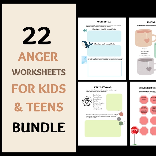 Lot de 22 feuilles d'exercices sur la gestion de la colère pour adolescents et enfants, articles à imprimer pour thérapeutes-conseils, cahier d'activités pour soulager la colère