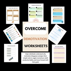 Könnte beinhalten: Eine Sammlung von ausdruckbaren Arbeitsblättern zur Überwindung von Demotivation. Der zentrale Text lautet "Overcome Demotivation Worksheets". Verschiedene Arbeitsblätter umfassen Zielsetzung, Problemlösung und Motivations-Reset-Pläne. Der Hintergrund ist schwarz.