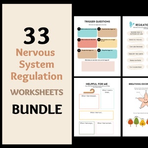 May include: A set of 33 printable worksheets for nervous system regulation. The worksheets include activities such as trigger questions, helpful coping mechanisms, and breathing exercises. The worksheets are designed to help individuals manage stress and anxiety.