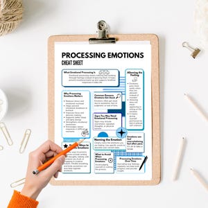 May include: A clipboard with a "Processing Emotions Cheat Sheet" printed on it. The sheet includes information on emotional processing, reasons emotions get stuck, and ways to process emotions. A hand holds an orange pencil.