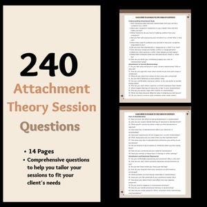 Könnte beinhalten: Ein digitaler Download von 240 Fragen zur Bindungstheorie-Sitzung. Der Text auf der Seite lautet "240 Fragen zur Bindungstheorie-Sitzung" und "14 Seiten, Umfassende Fragen, die Ihnen helfen, Ihre Sitzungen auf die Bedürfnisse Ihrer Klienten zuzuschneiden".