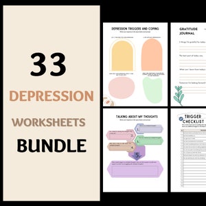 33 depressietherapie werkbladen bundel, therapieadviseur depressie werkboek, therapie vragen notities, therapie dagboek afdrukken afdrukbaar