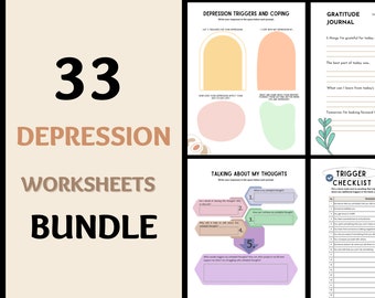 May include: A set of 33 printable depression worksheets and journal prompts. The worksheets are designed to help people cope with depression and include topics like triggers, coping mechanisms, and gratitude. The worksheets feature a colorful design with pink, yellow, and green accents.