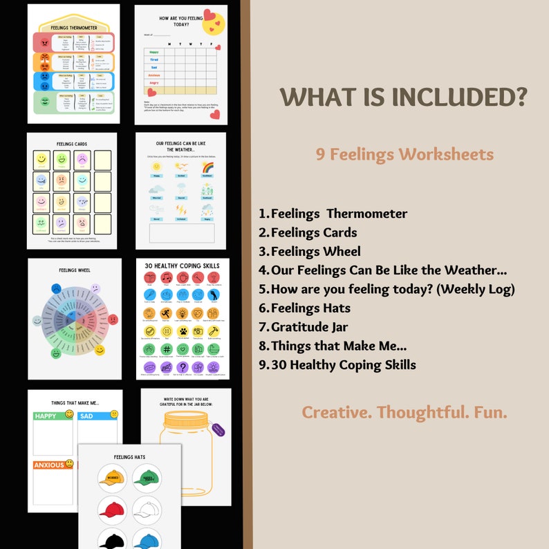 May include: A set of nine printable worksheets for children to learn about feelings. The worksheets include a feelings thermometer, feelings cards, a feelings wheel, a gratitude jar, and more. The worksheets are colorful and engaging, and they are a great way to help children learn about their emotions.