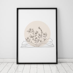 Buch mit Blumen Wand kunstdruck, Buchliebhaber Linie Kunst, druckbare Wand Dekor, Lesen botanische Floral Zeichnung, digitaler Download Poster Kunst