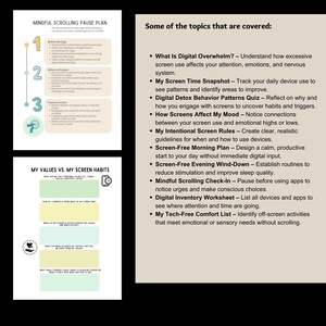 May include: A digital wellness worksheet with the title "Mindful Scrolling Pause Plan" and "My Values vs. My Screen Habits." The plan includes steps to reduce screen time. The topics covered include digital overwhelm, screen time snapshots, and screen-free routines.