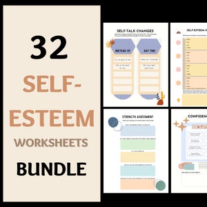 32 Self-Esteem Worksheets Bundle, Therapy Workbook Journal, Therapist Counselor Mental Health Tools, DBT Confidence Worksheets Printables