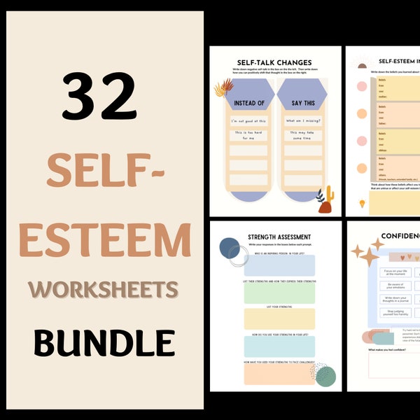 32 Self-Esteem Worksheets Bundle, Therapy Workbook Journal, Therapist Counselor Mental Health Tools, DBT Confidence Worksheets Printables